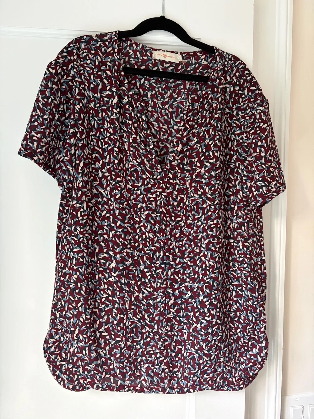 Tory Burch Burgundy Multi Short-Sleeve V-Neck Blouse